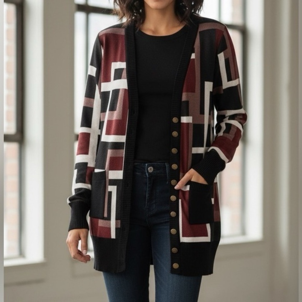 3/25$ (Mix)Lily by Firmiana Black Tan Geometric Snap Button Cardigan, S